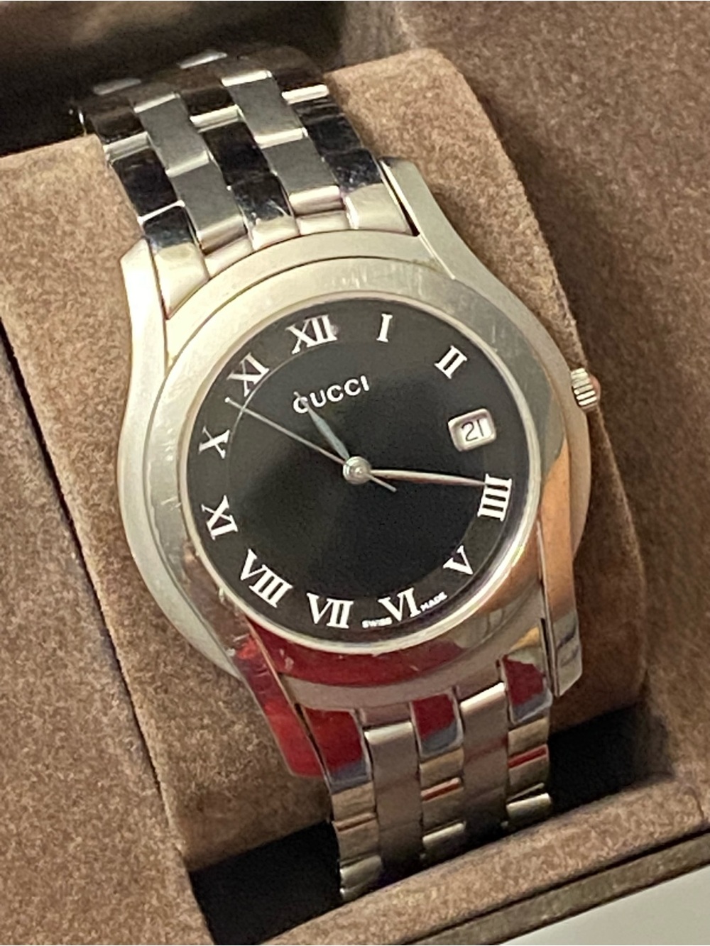Gucci Silver Stainless Steel Men's Watch with Dark Gray Dial